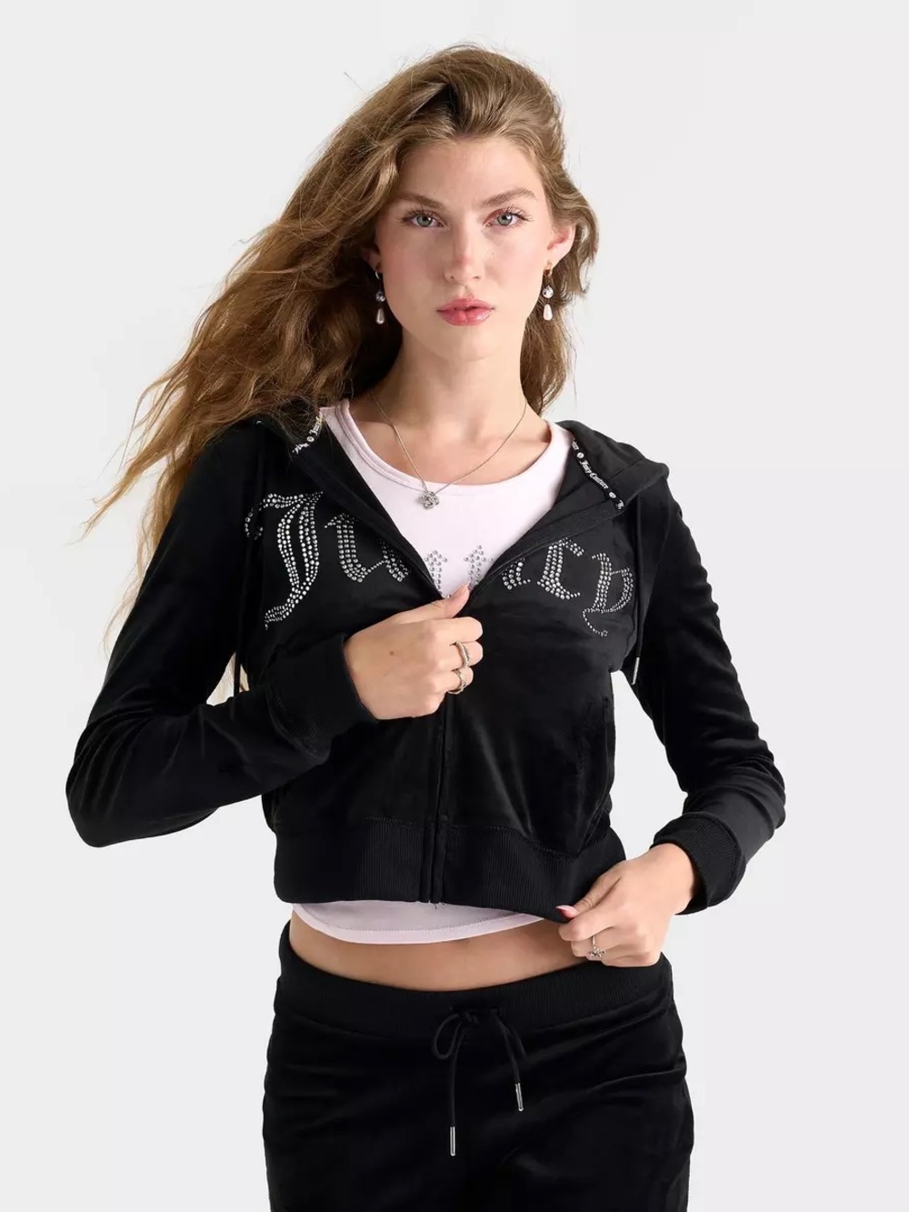 Juicy Couture Front Bling Hoodie Bling Pants Velour Set 2 Piece Large Black